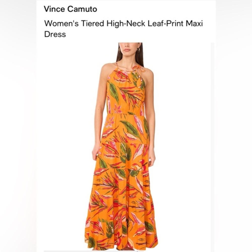 NWT Vince Camuto Tiered High Neck Tropical Leaf Print Maxi Dress Small